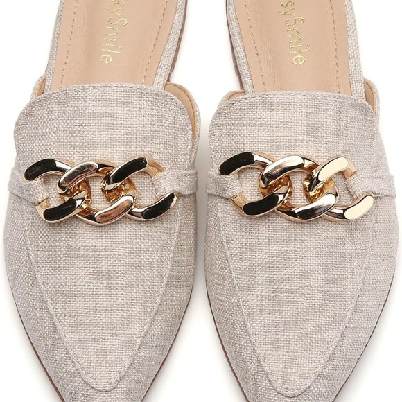 Women Flat Mules Synthetic Metal Chain Decor Pointed Toe Slip On Shoes - Picture 2 of 5